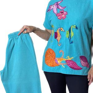 Turquoise Top Sealife design  Pants included